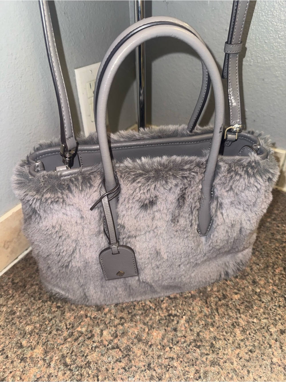 kate spade super rare Gray Faux Fur Satchel with crossbody strap (hard to find)